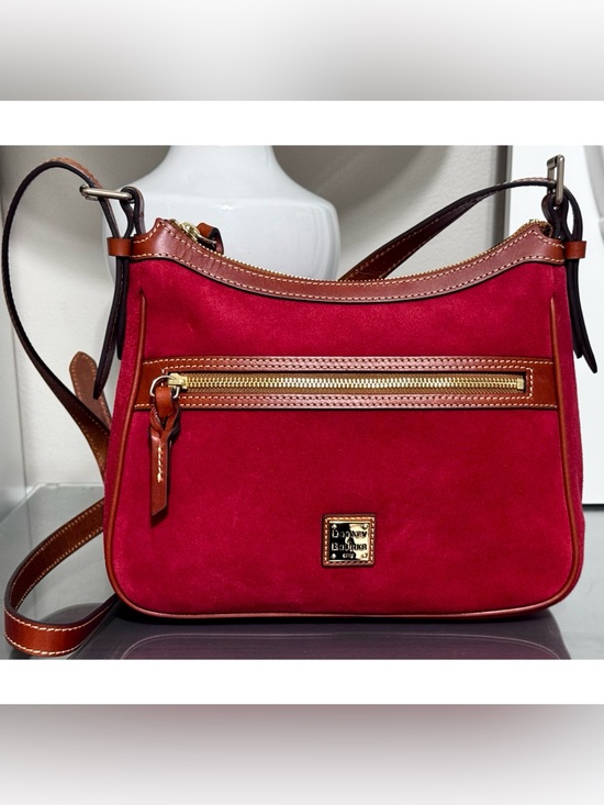 Dooney & Bourke Handbags - Dooney & Bourke Red Suede Letter Carrier Crossbody Bag Brown Leather